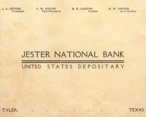 Ad from Tyler High 1909 yearbook for Jester National Bank.