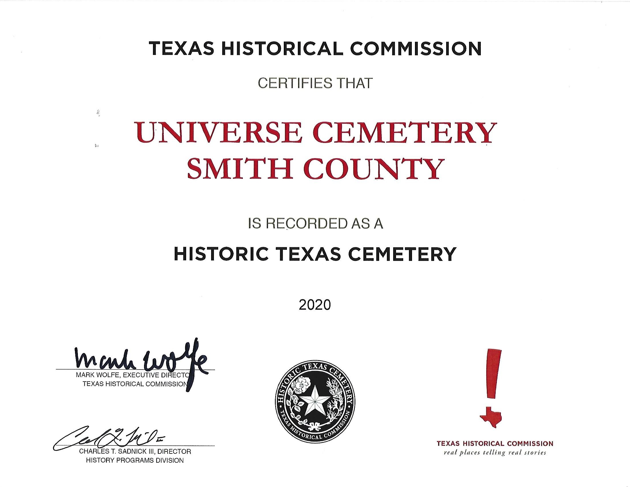 Universe/University Cemetery designated as a Historic Texas Cemetery