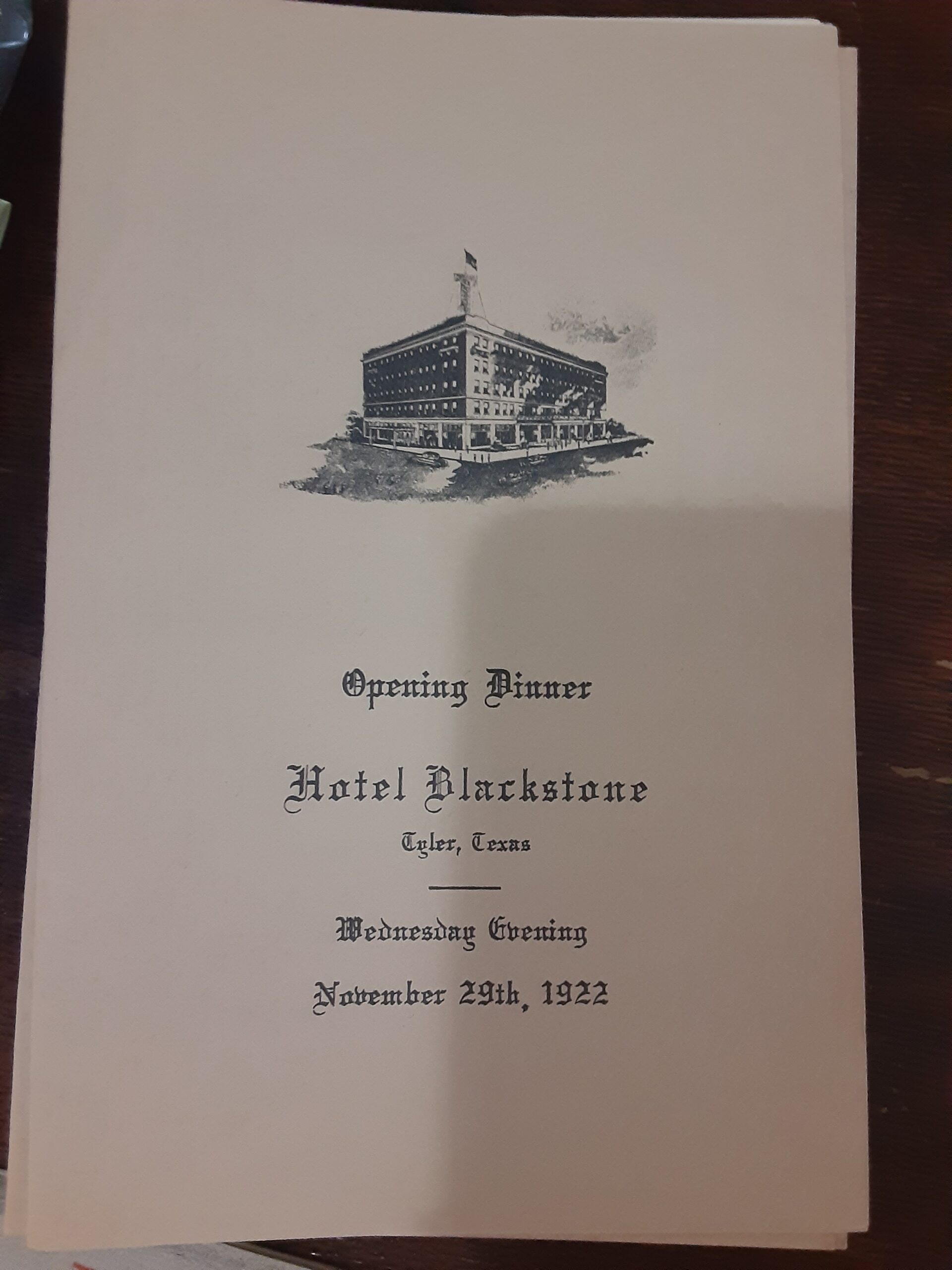 Opening Dinner: Blackstone Hotel Pamphlet