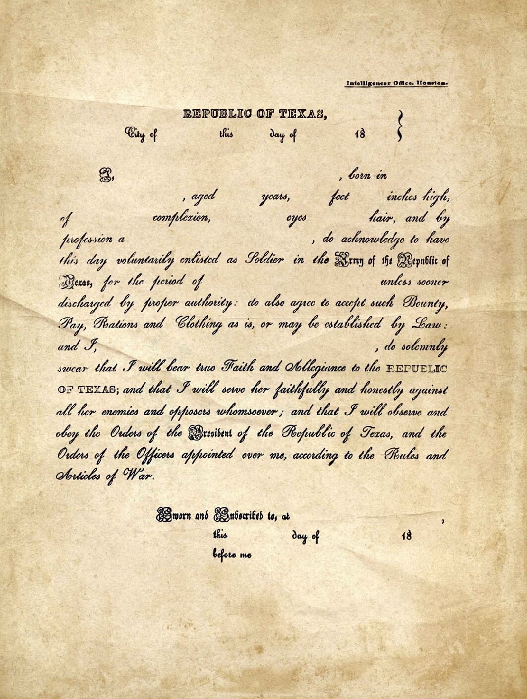 Enlistment Paper to the Army of the Republic of Texas (reproduction)